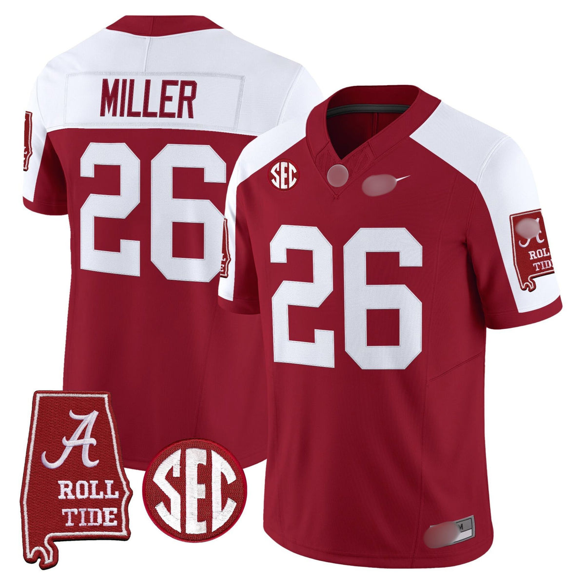 A. Crimson Tide #26 Jam Miller 2025 Roll Tide & Sec Patch Fan Jersey - Crimson Alternate
