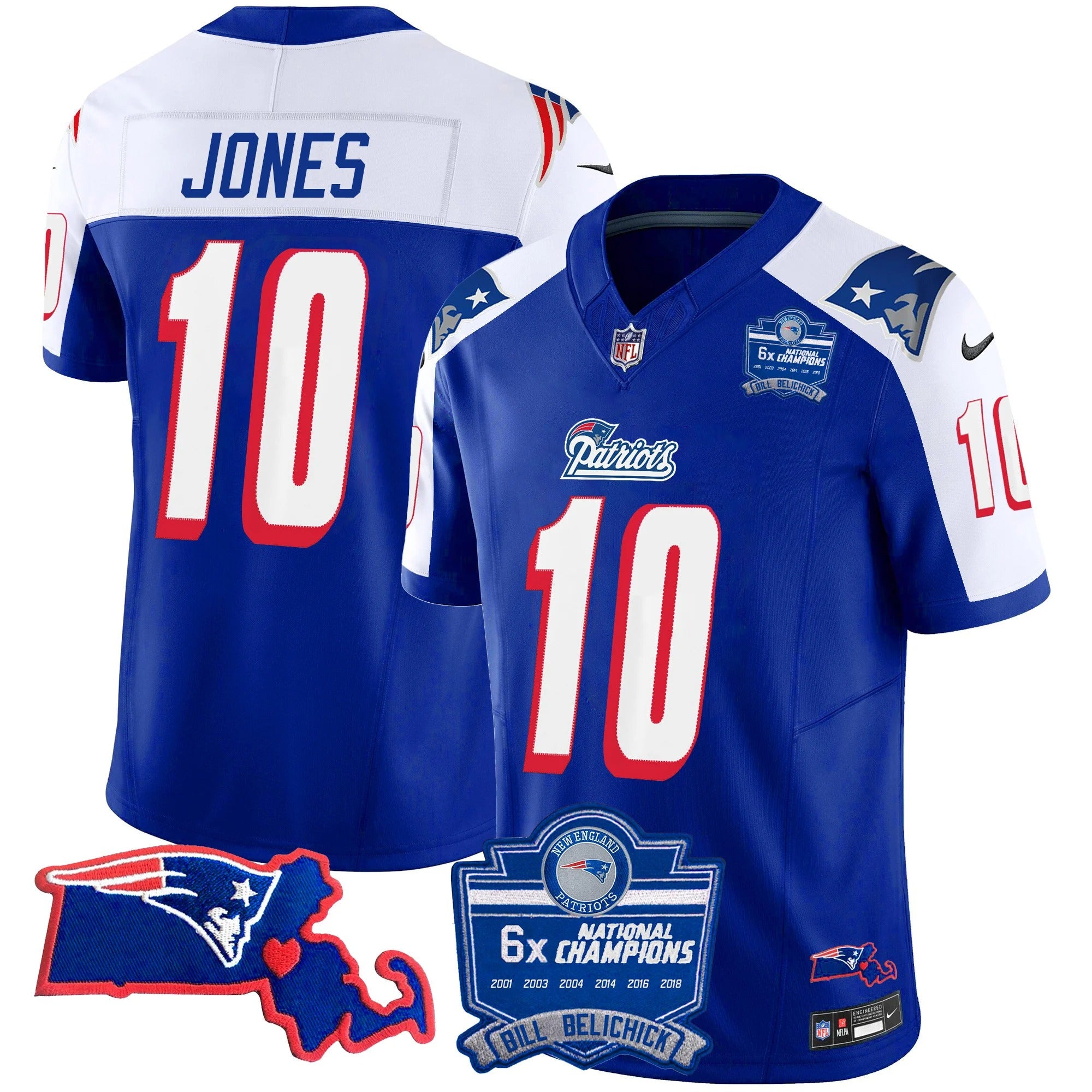 N.E Patriots #10 Mac Jones Bill Belichick 6x Champions & State Patch Fan Jersey