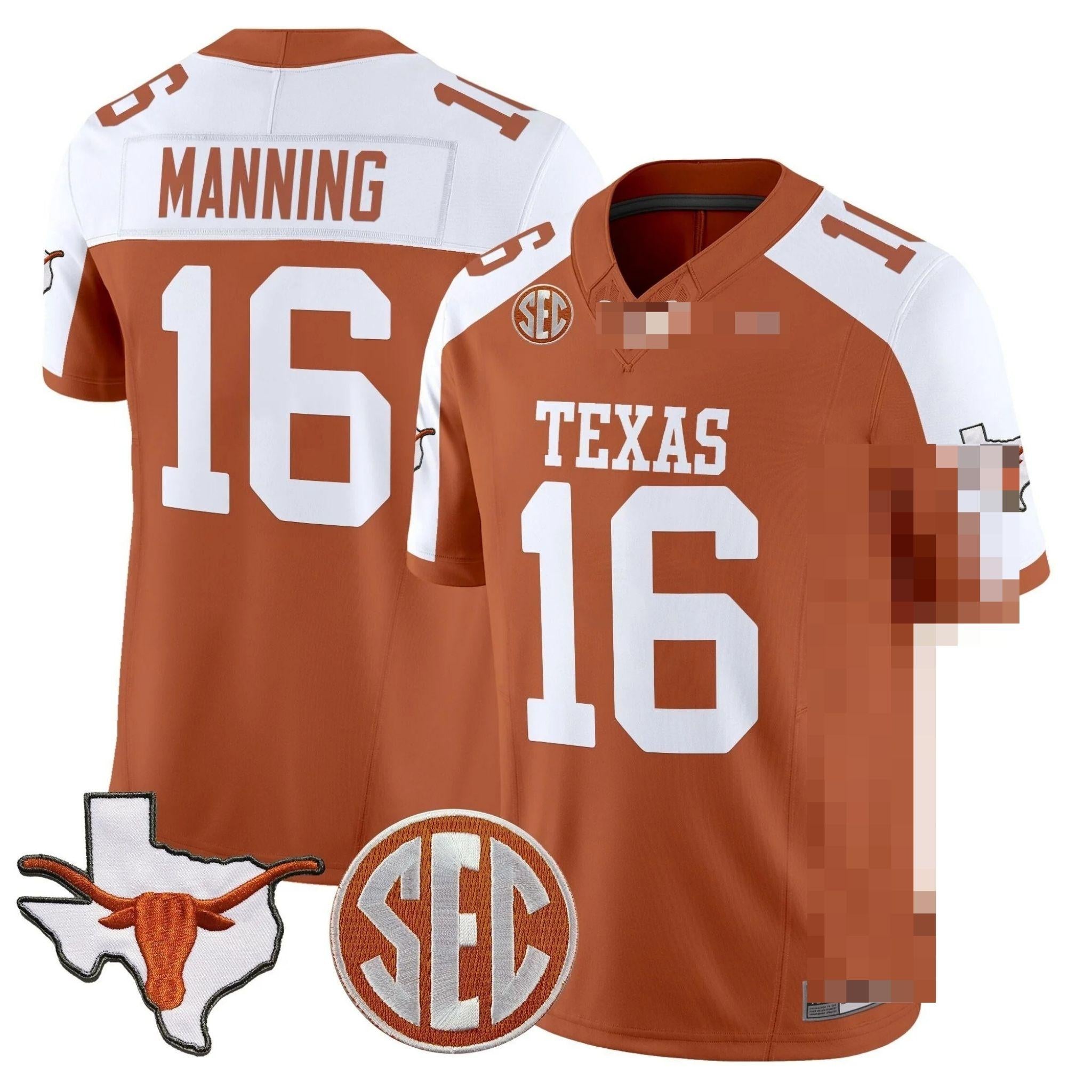 T.Longhorns #16 Arch Manning 2025 State Map & SEC Patch Fan Jersey