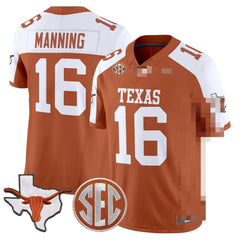 T.Longhorns #16 Arch Manning 2025 State Map & SEC Patch Fan Jersey