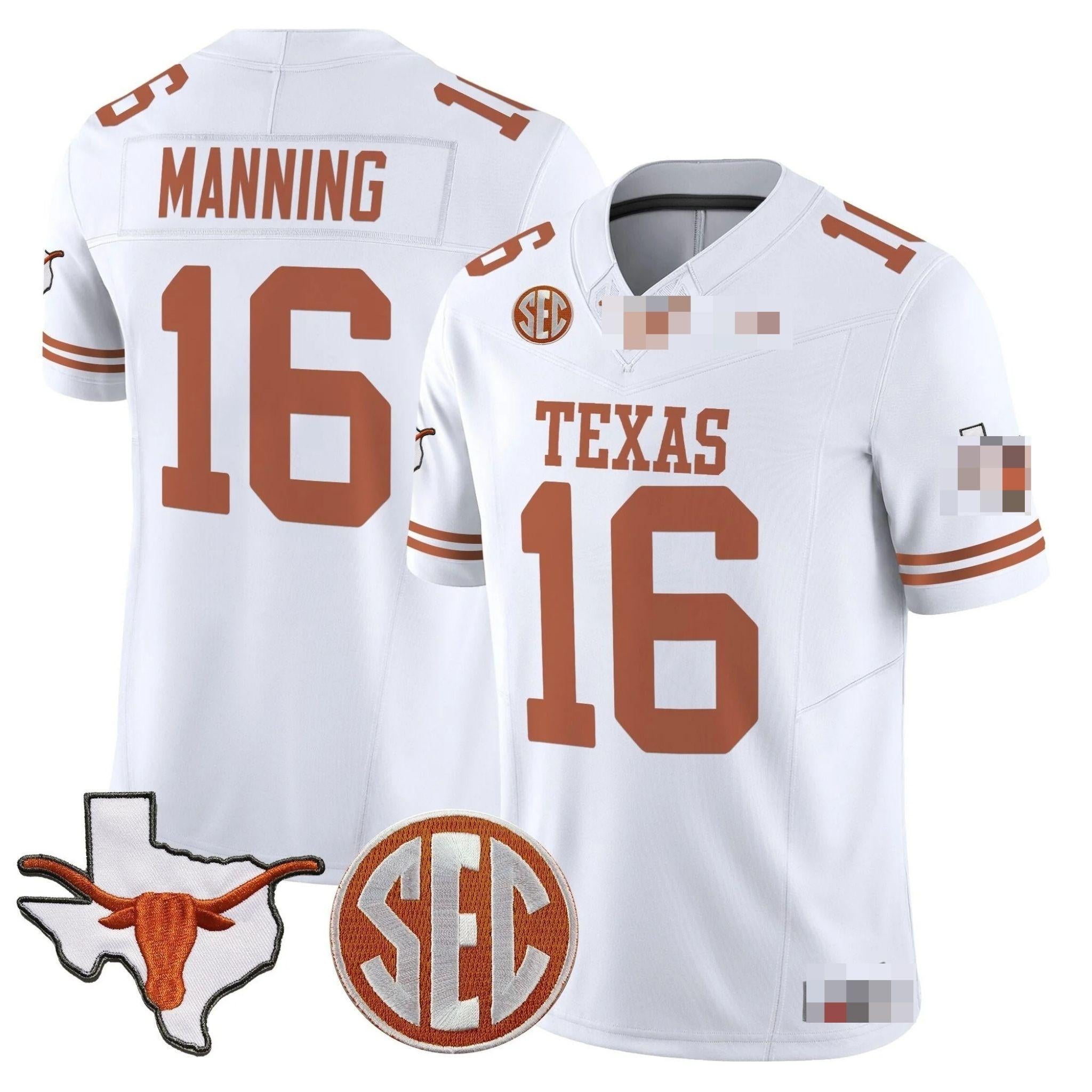 T.Longhorns #16 Arch Manning 2025 State Map & SEC Patch Fan Jersey