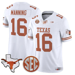 T.Longhorns #16 Arch Manning 2025 State Map & SEC Patch Fan Jersey