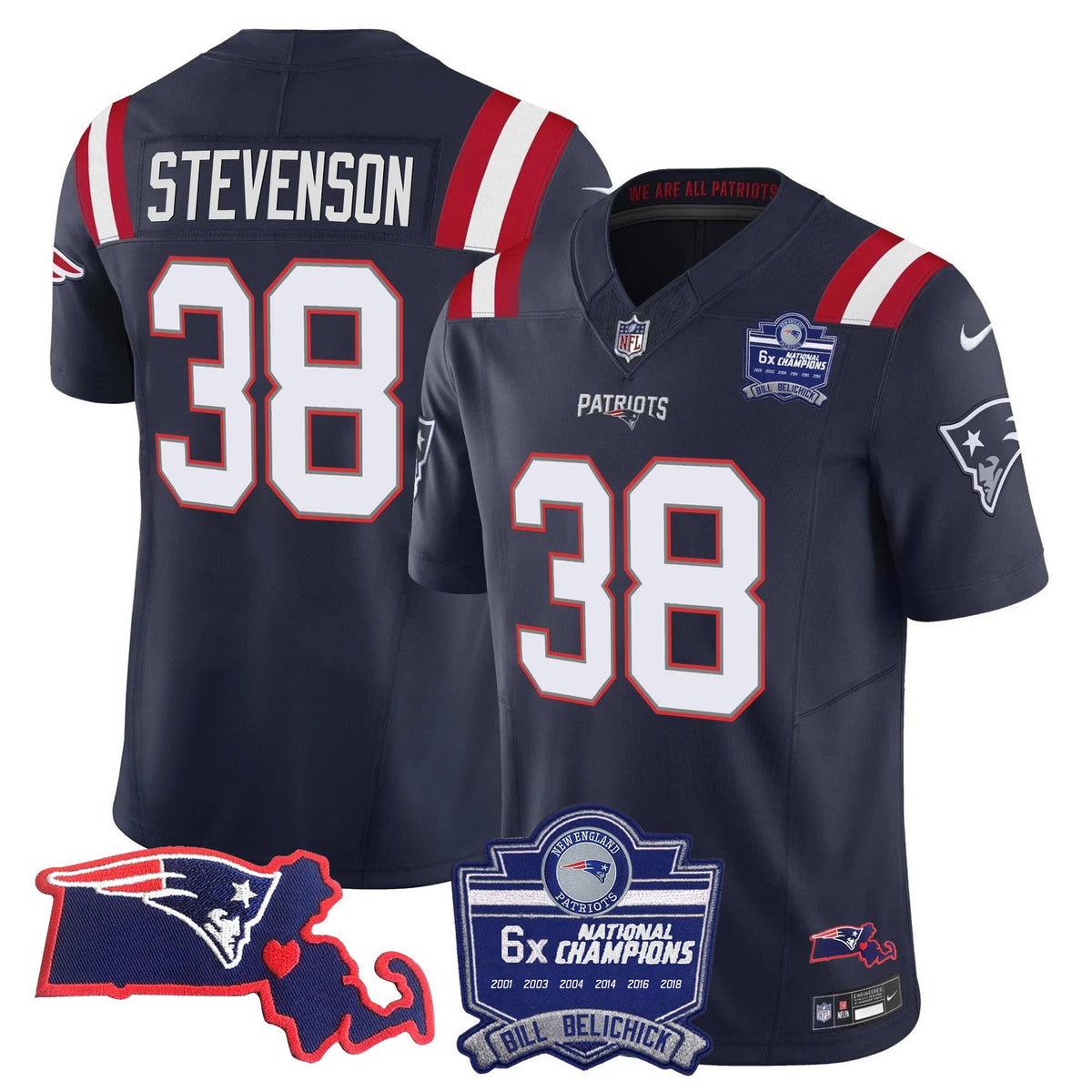 N.E Patriots #38 Rhamondre Stevenson Bill Belichick 6x Champions & State Patch Fan Jersey - Navy