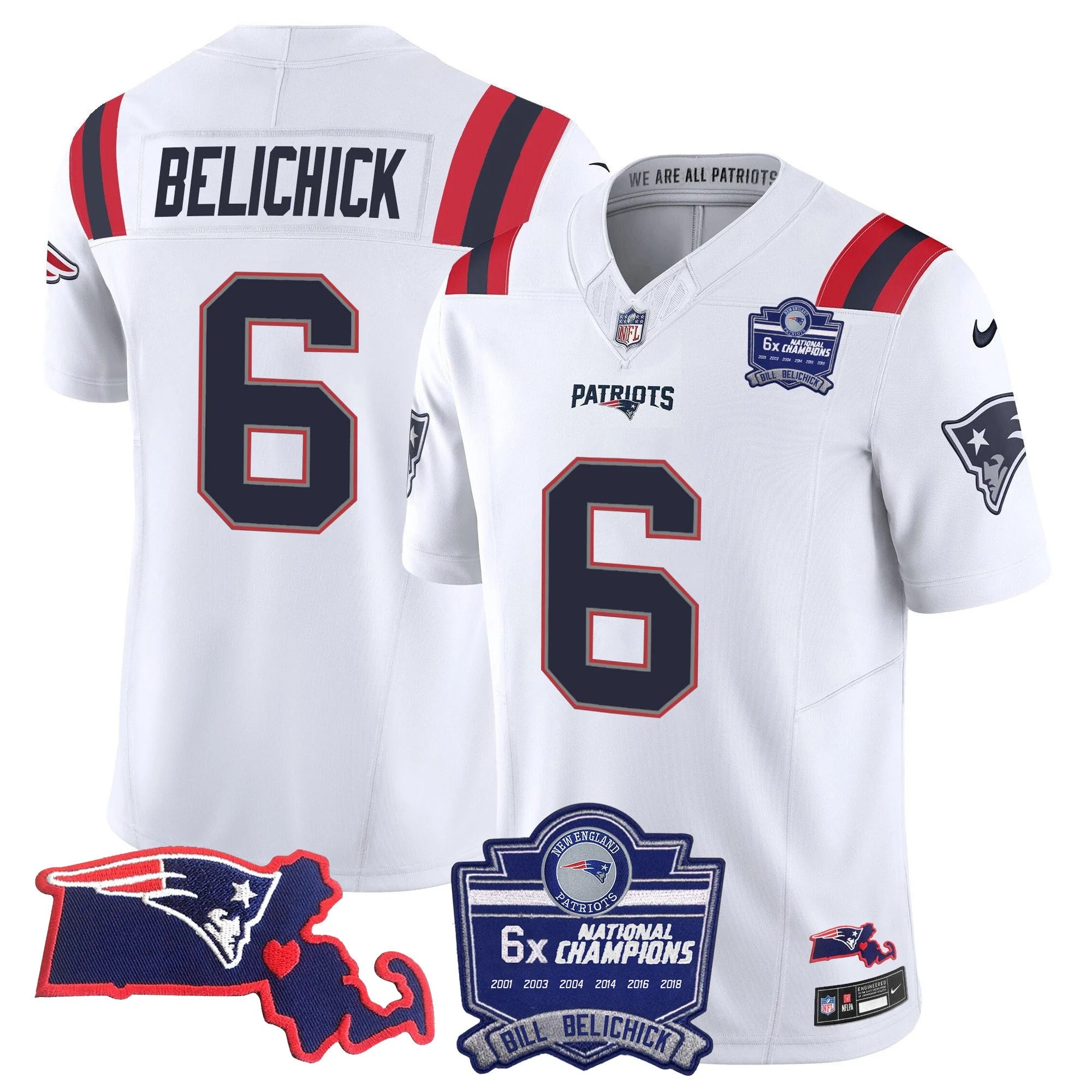 N.E Patriots #6 Bill Belichick Bill Belichick 6x Champions & State Patch Fan Jersey