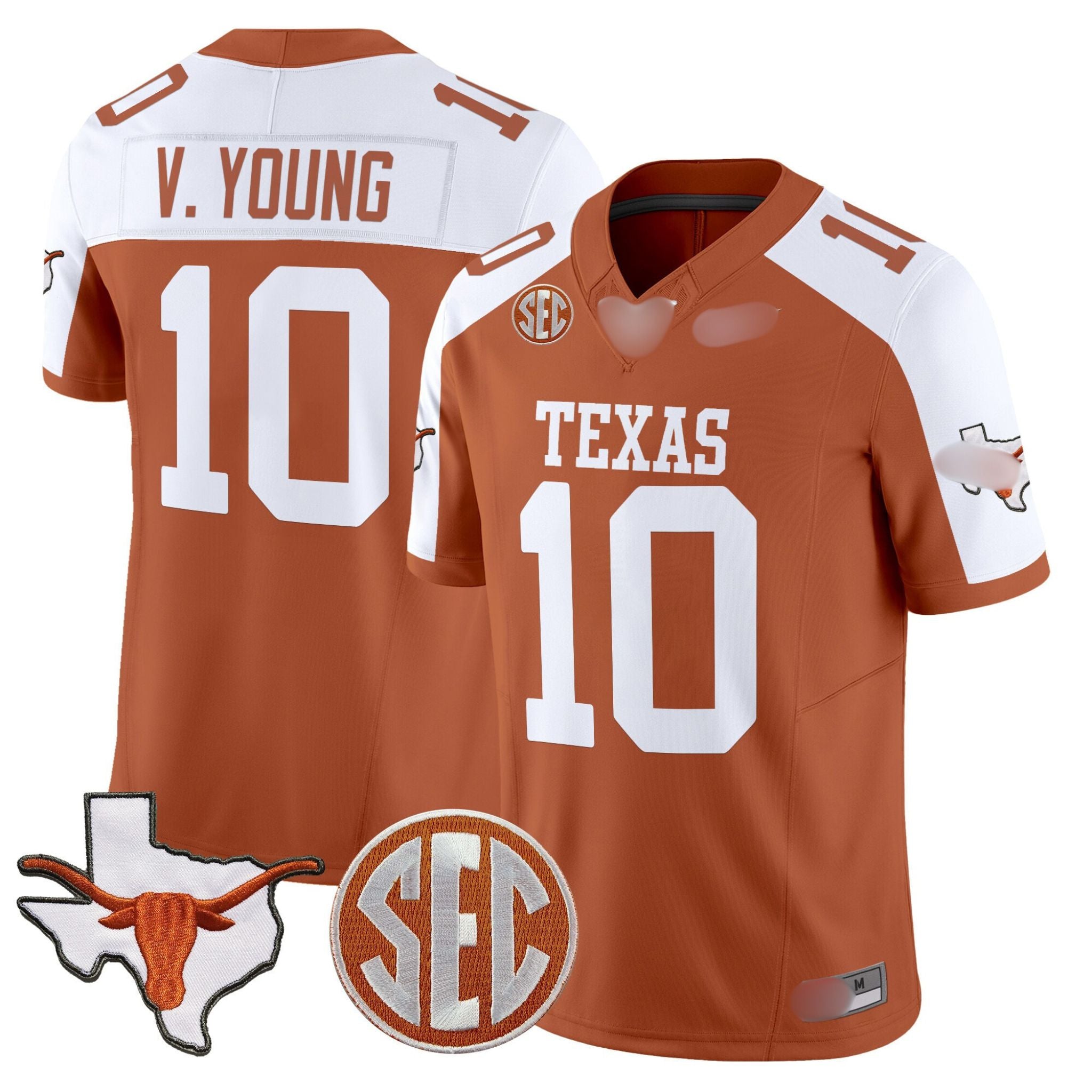 T.Longhorns #10 Vince Young 2025 State Map & SEC Patch Fan Jersey