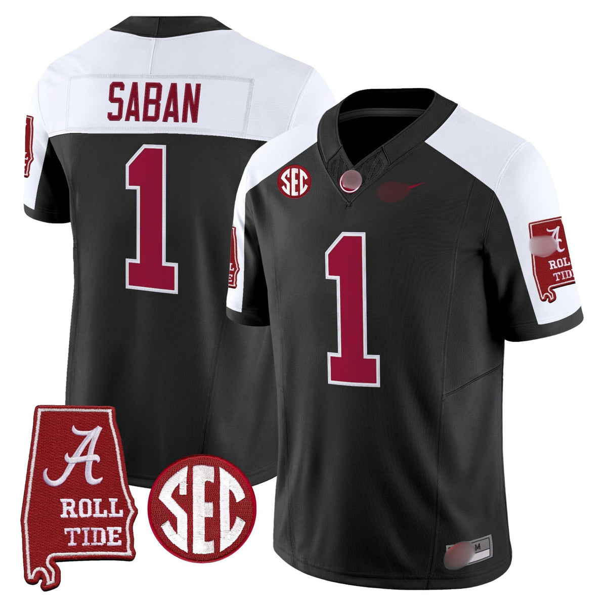 A. Crimson Tide #1 Nick Saban 2025 Roll Tide & Sec Patch Fan Jersey - Black Alternate