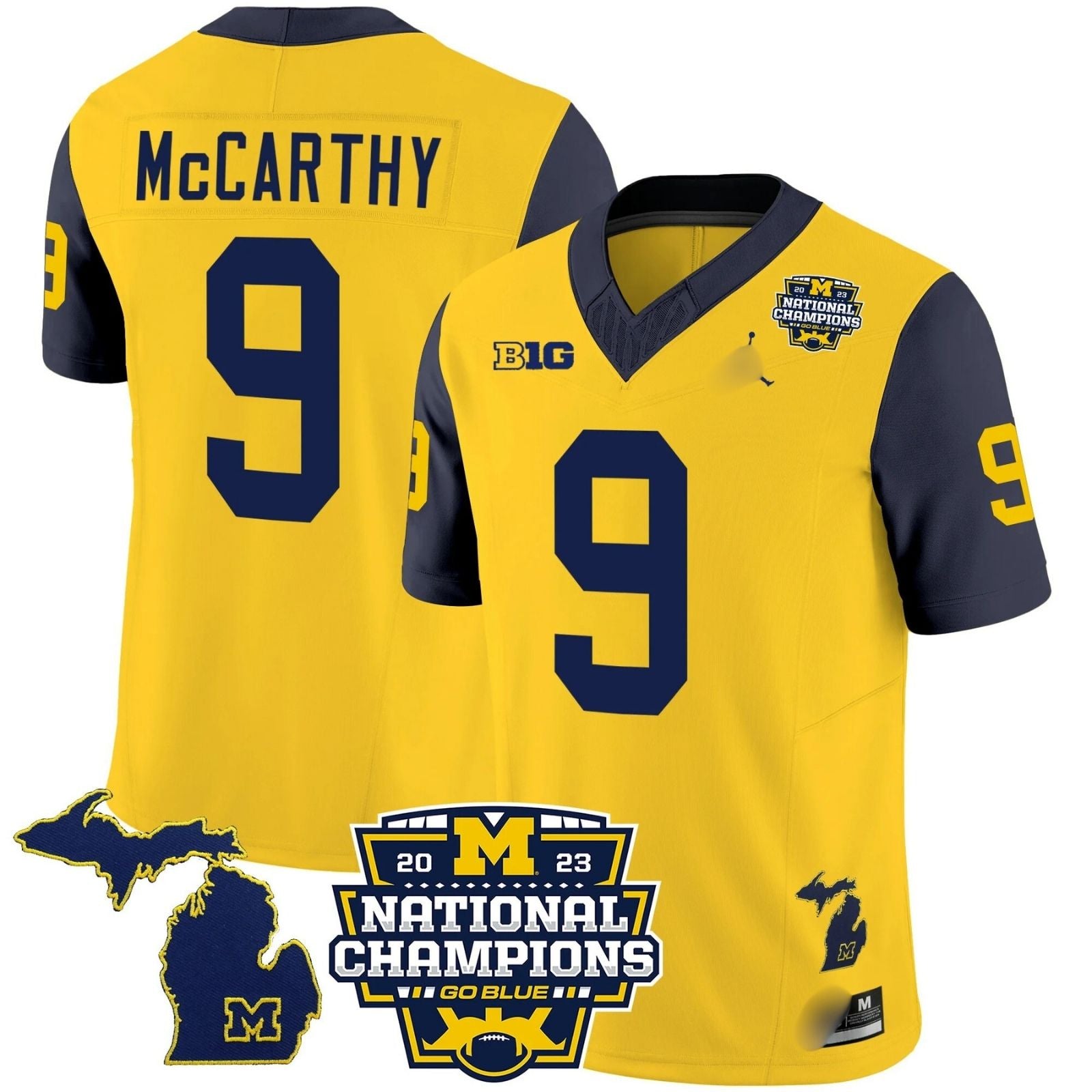 M.Wolverines #9 J. J. McCarthy B1G & 2023 National Champions Patch Fan Jersey