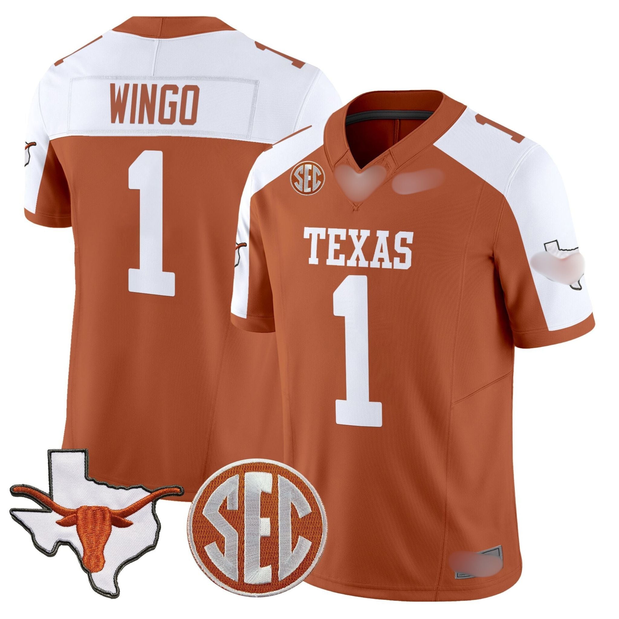 T.Longhorns #1 Ryan Wingo 2025 State Map & SEC Patch Fan Jersey