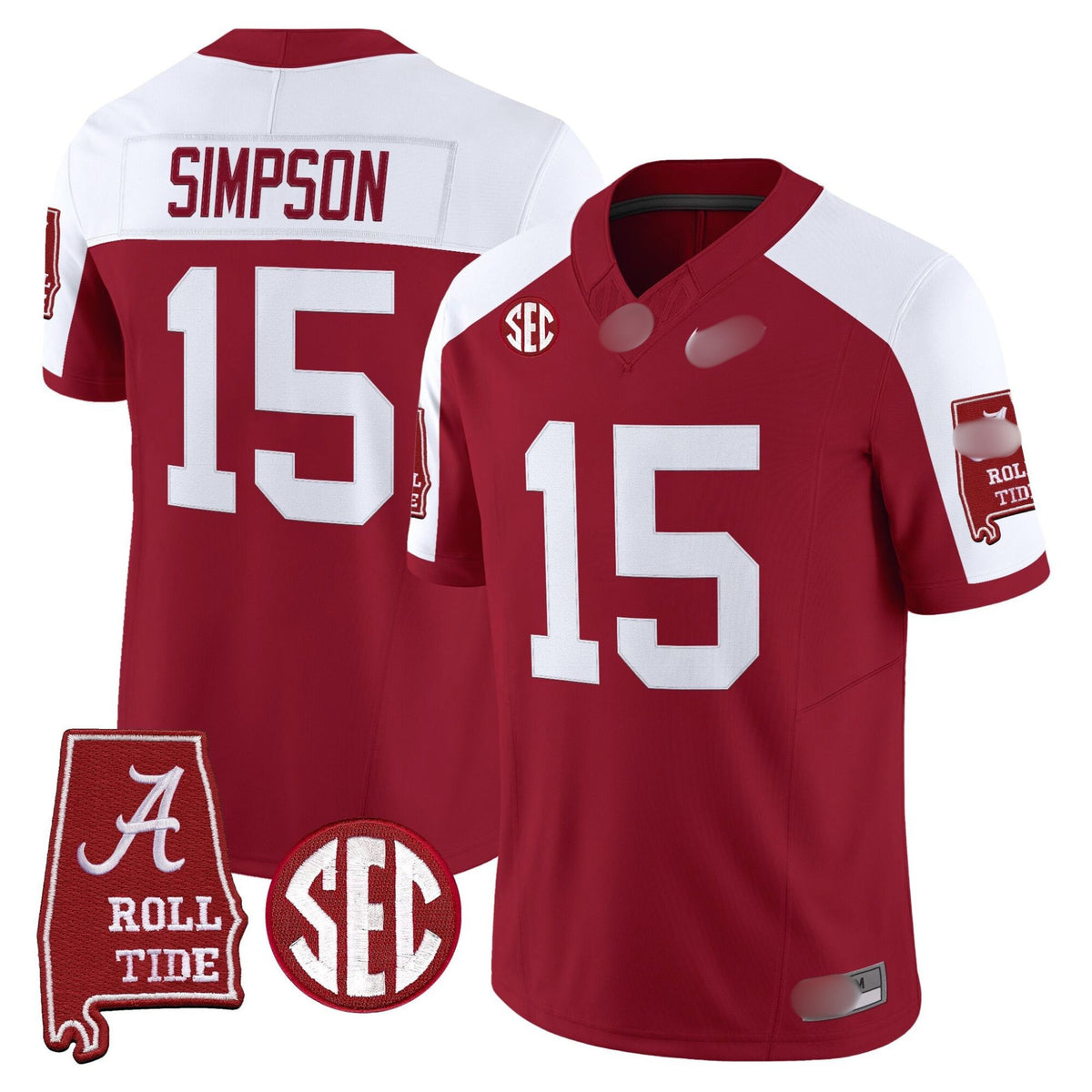 A. Crimson Tide #15 Ty Simpson 2025 Roll Tide & Sec Patch Fan Jersey - Crimson Alternate