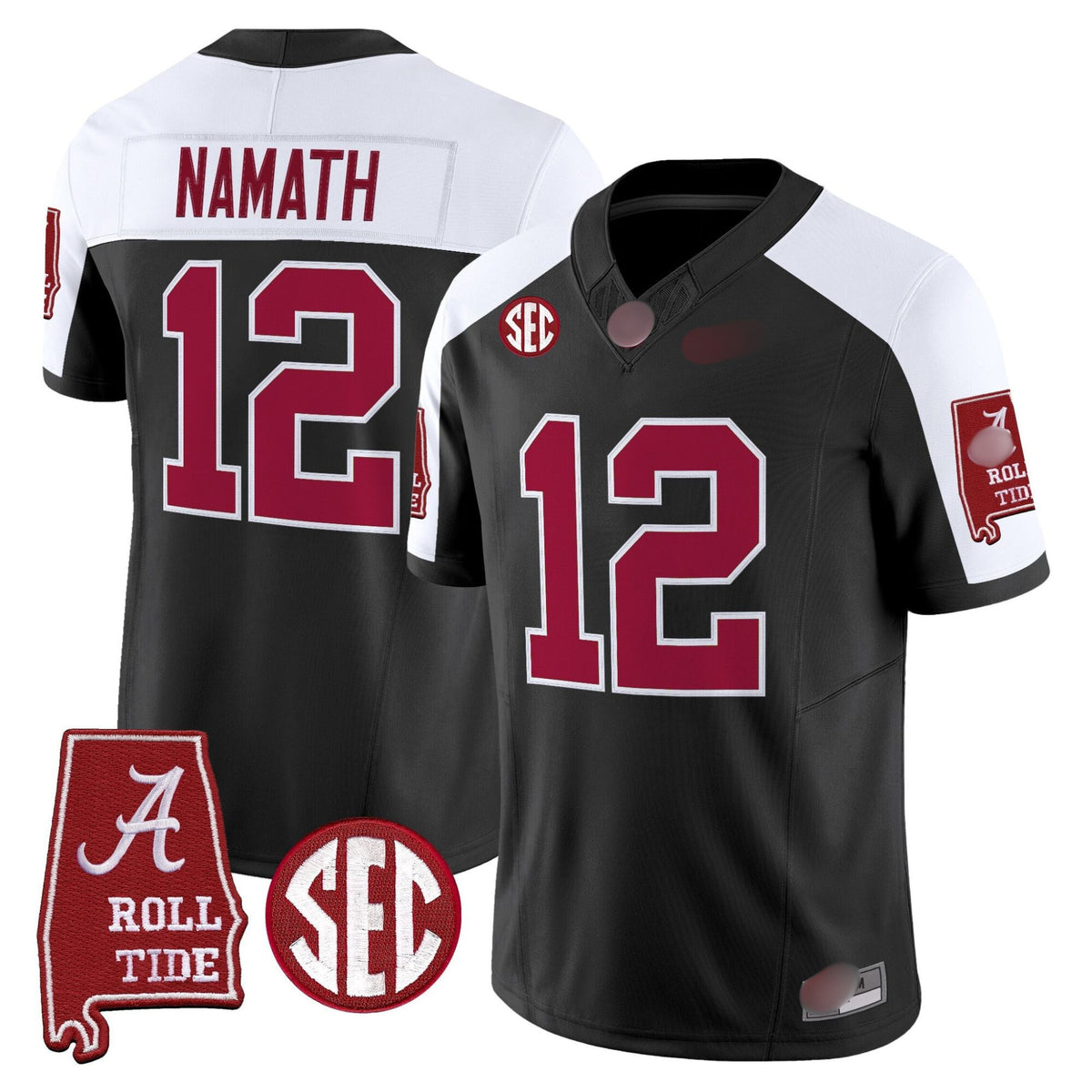 A. Crimson Tide #12 Joe Namath 2025 Roll Tide & Sec Patch Fan Jersey - Black Alternate