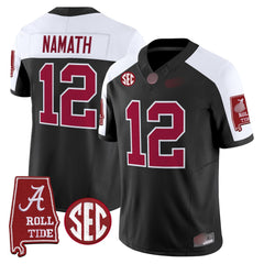 A. Crimson Tide #12 Joe Namath 2025 Roll Tide & Sec Patch Fan Jersey - Black Alternate