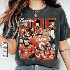 a woman wearing a shirt with a picture of a football player on it