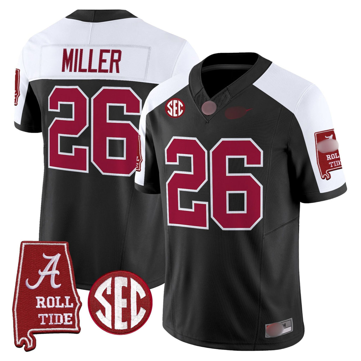 A. Crimson Tide #26 Jam Miller 2025 Roll Tide & Sec Patch Fan Jersey - Black Alternate