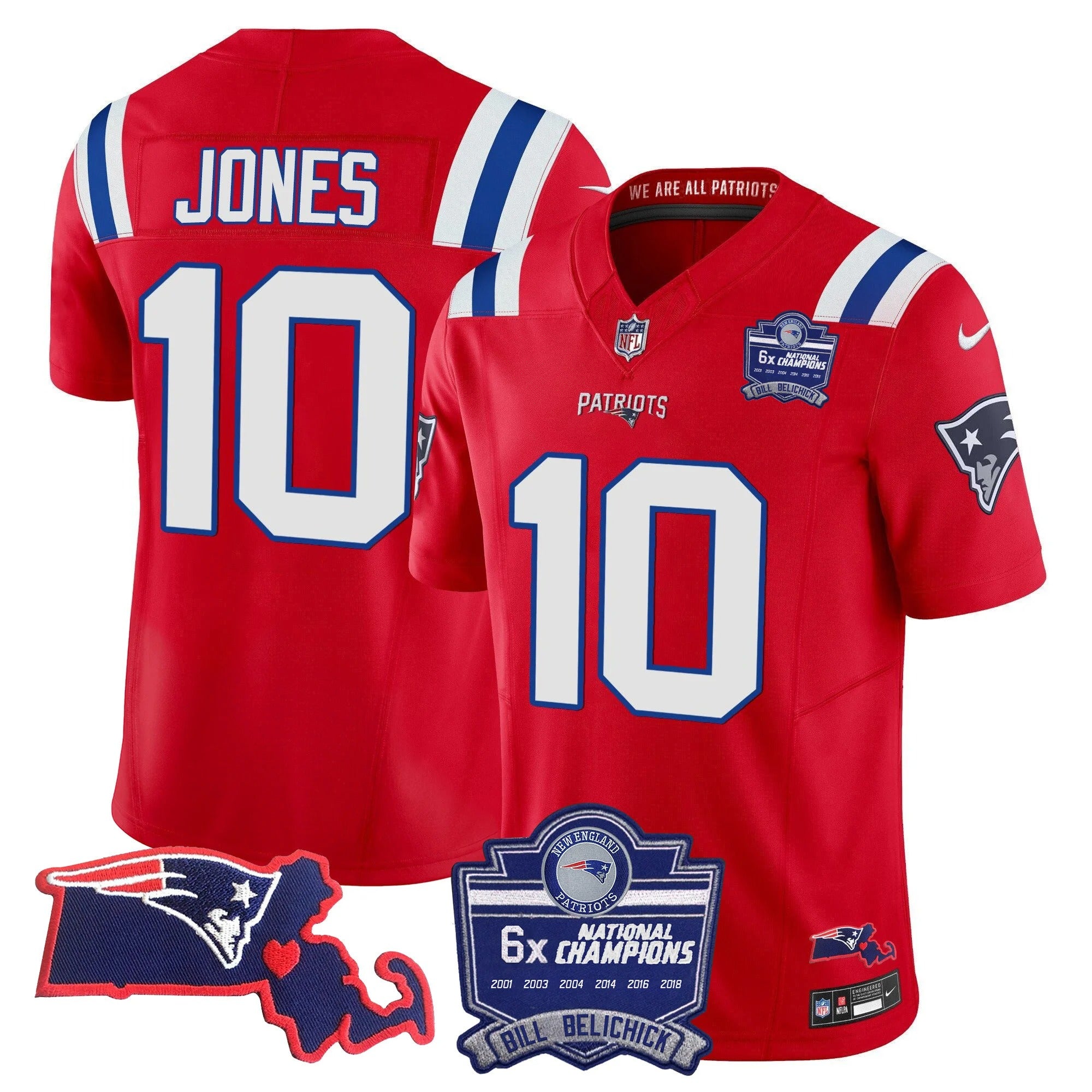 N.E Patriots #10 Mac Jones Bill Belichick 6x Champions & State Patch Fan Jersey