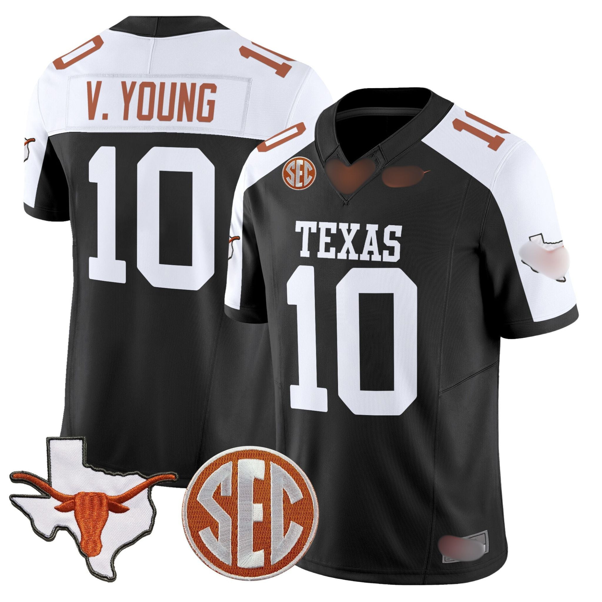 T.Longhorns #10 Vince Young 2025 State Map & SEC Patch Fan Jersey