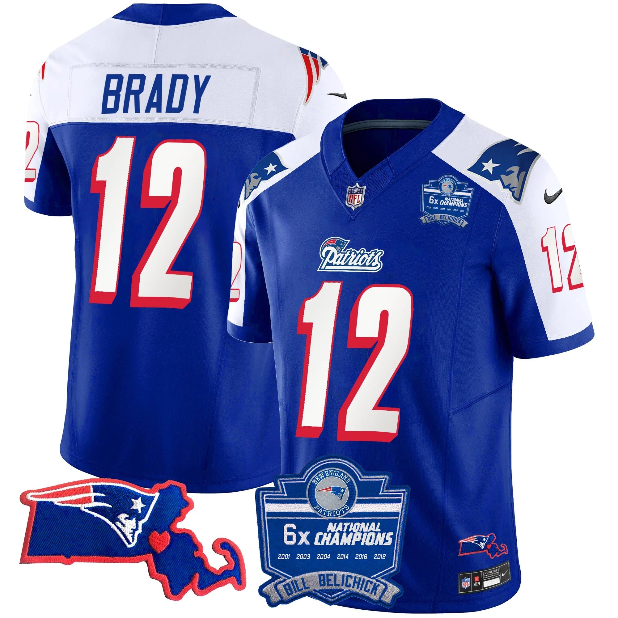 N.E Patriots #12 Tom Brady Bill Belichick 6x Champions & State Patch Fan Jersey