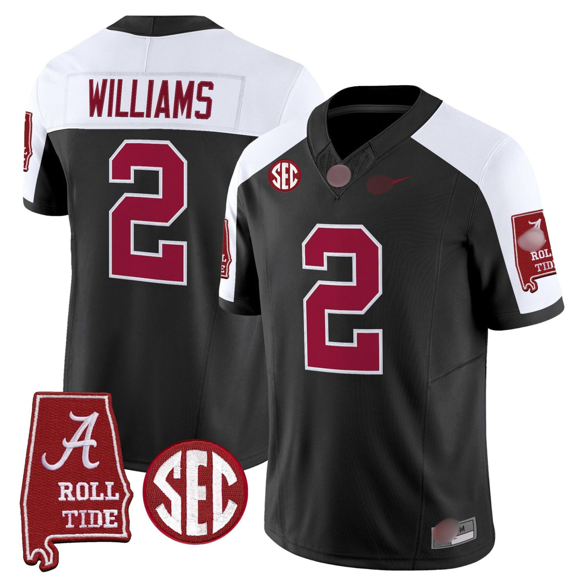 A. Crimson Tide #2 Ryan Williams 2025 Roll Tide & Sec Patch Fan Jersey - Black Alternate
