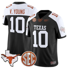 T.Longhorns #10 Vince Young 2025 State Map & SEC Patch Fan Jersey