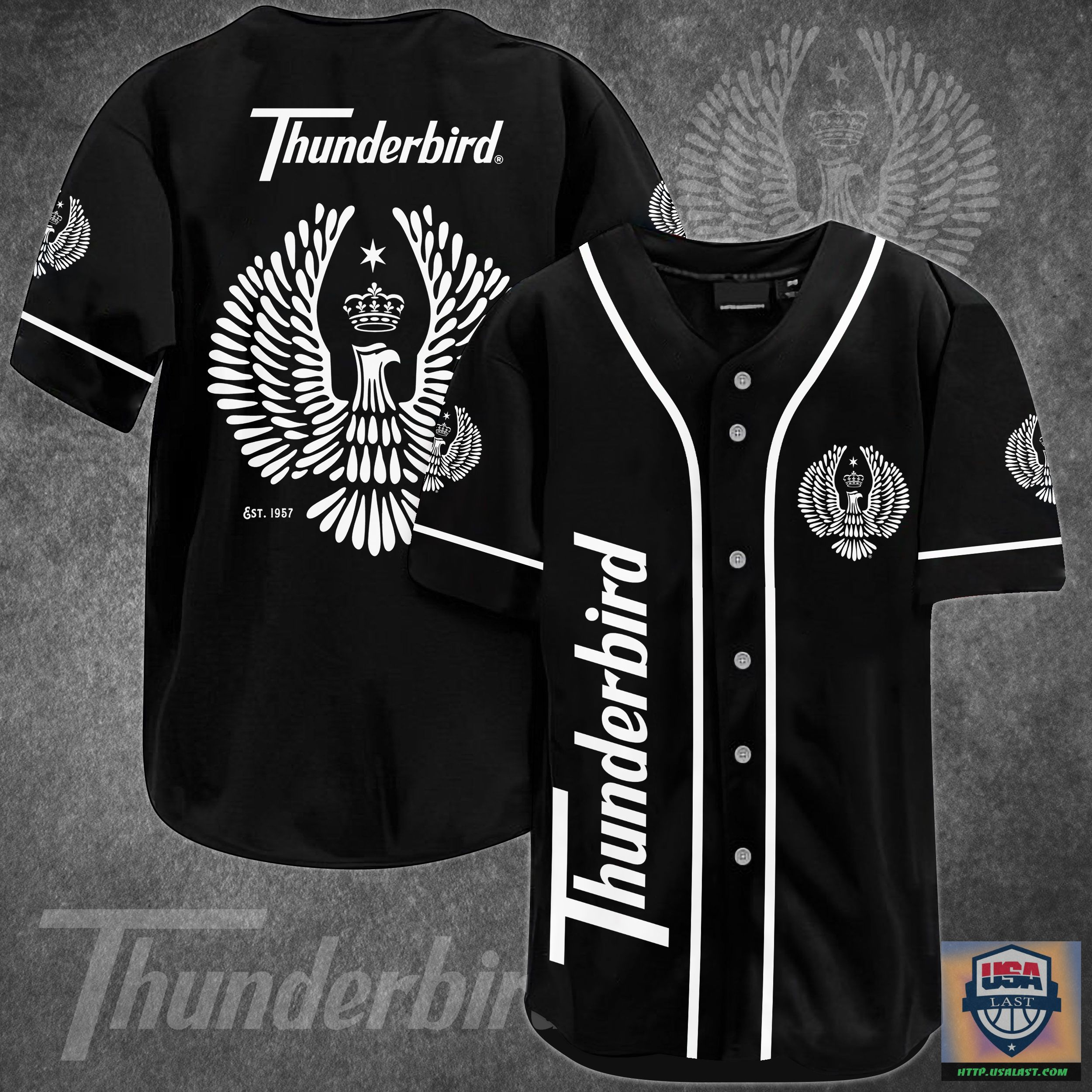 Thunderbird Baseball Jersey Shirt - Black Eagle Graphic Streetwear Jersey, Retro Button-Up Sports Shirt for Men & Women