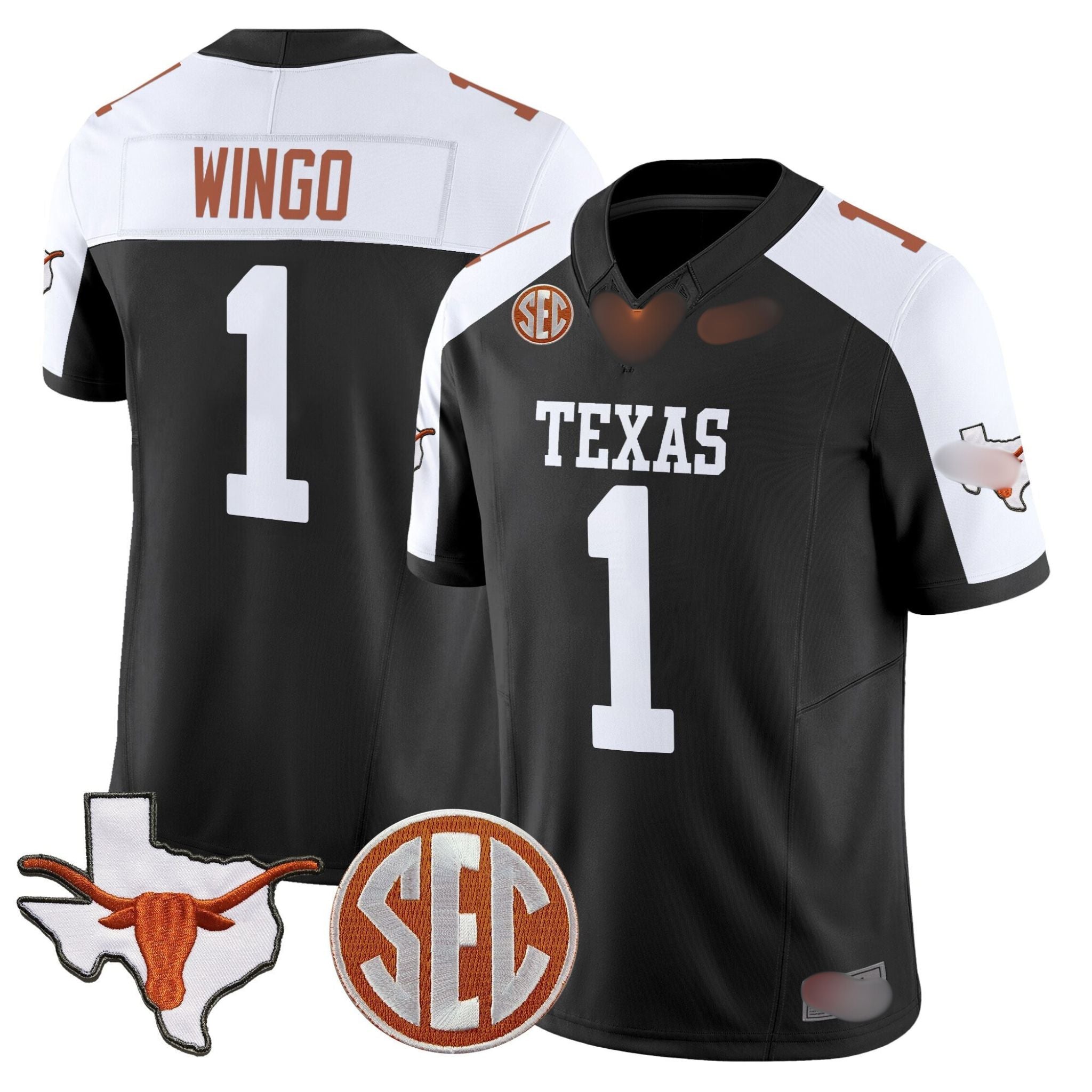 T.Longhorns #1 Ryan Wingo 2025 State Map & SEC Patch Fan Jersey