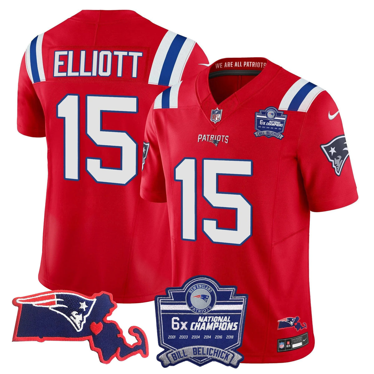 N.E Patriots #15 Ezekiel Elliott Bill Belichick 6x Champions & State Patch Fan Jersey - Red