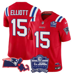 N.E Patriots #15 Ezekiel Elliott Bill Belichick 6x Champions & State Patch Fan Jersey - Red