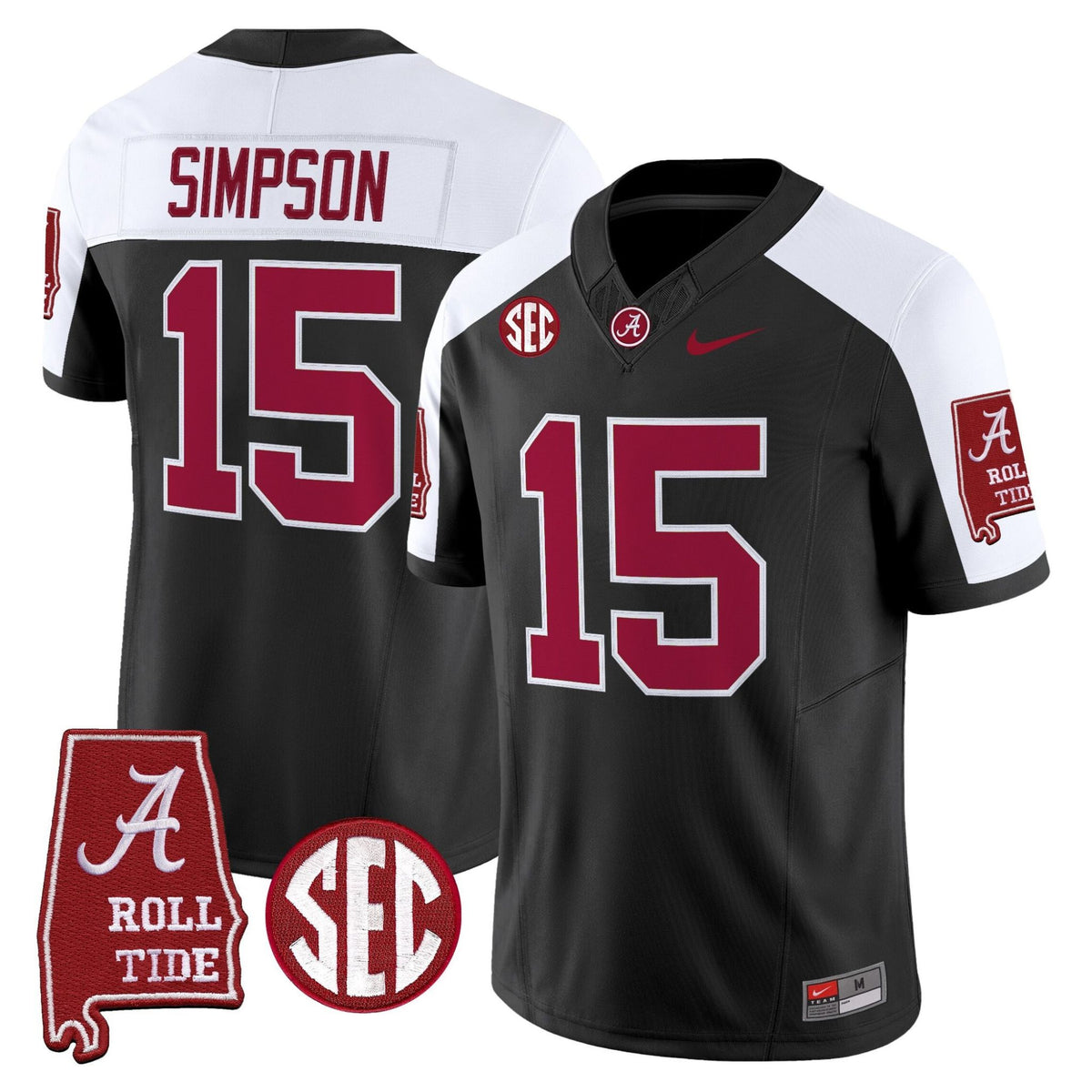 A. Crimson Tide #15 Ty Simpson 2025 Roll Tide & Sec Patch Fan Jersey - Black Alternate