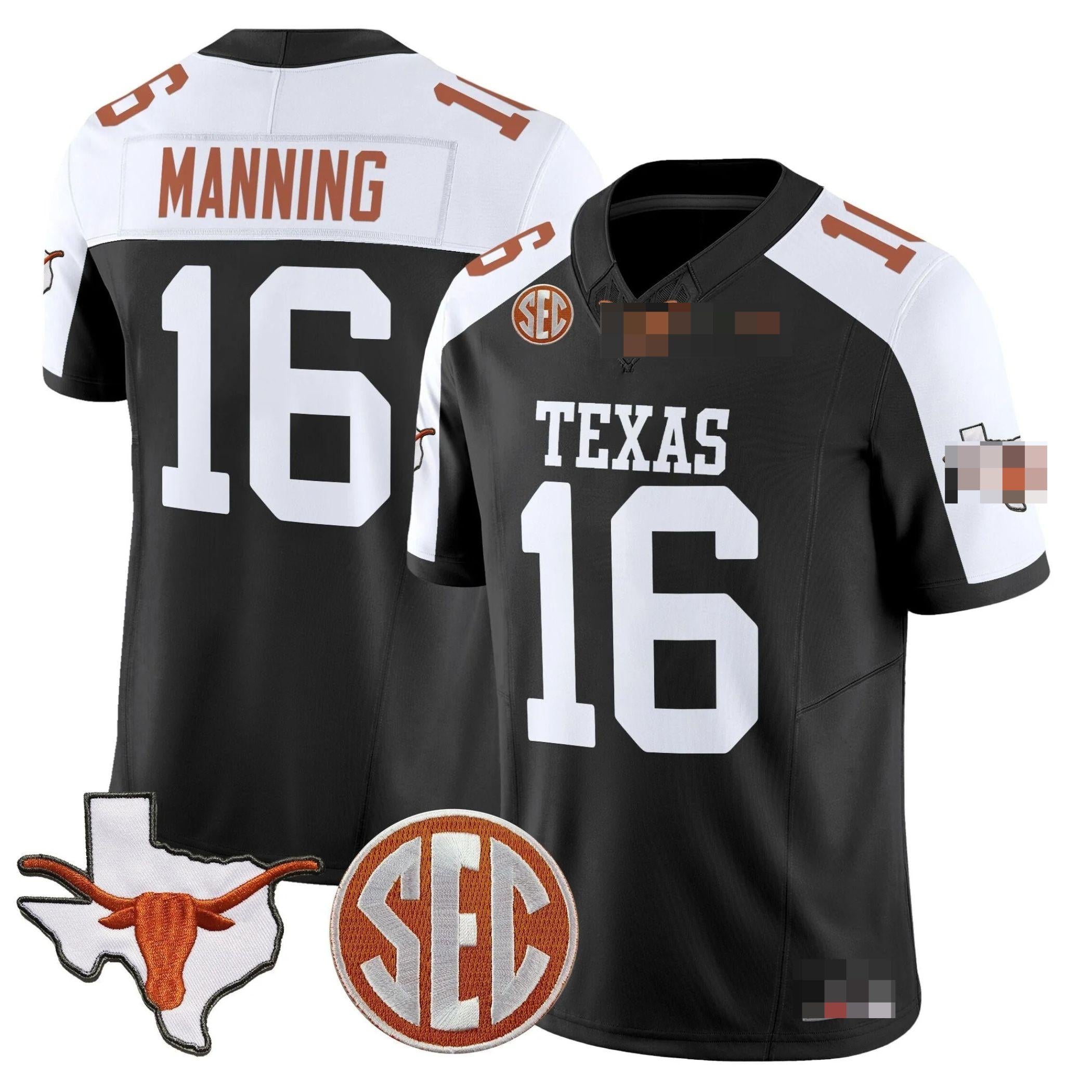 T.Longhorns #16 Arch Manning 2025 State Map & SEC Patch Fan Jersey