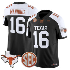 T.Longhorns #16 Arch Manning 2025 State Map & SEC Patch Fan Jersey