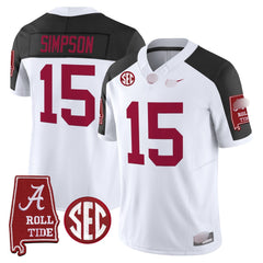 A. Crimson Tide #15 Ty Simpson 2025 Roll Tide & Sec Patch Fan Jersey - Inverted