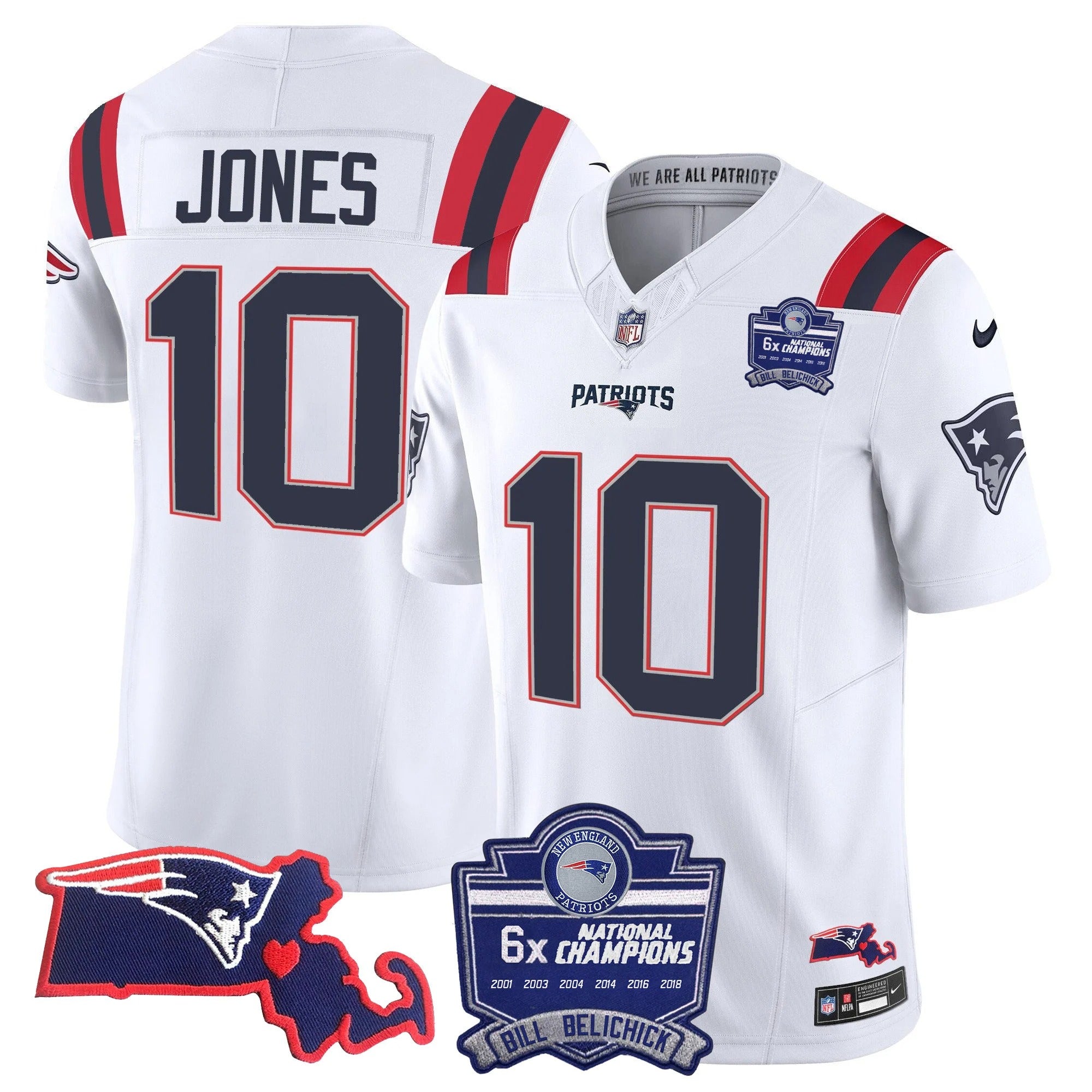 N.E Patriots #10 Mac Jones Bill Belichick 6x Champions & State Patch Fan Jersey