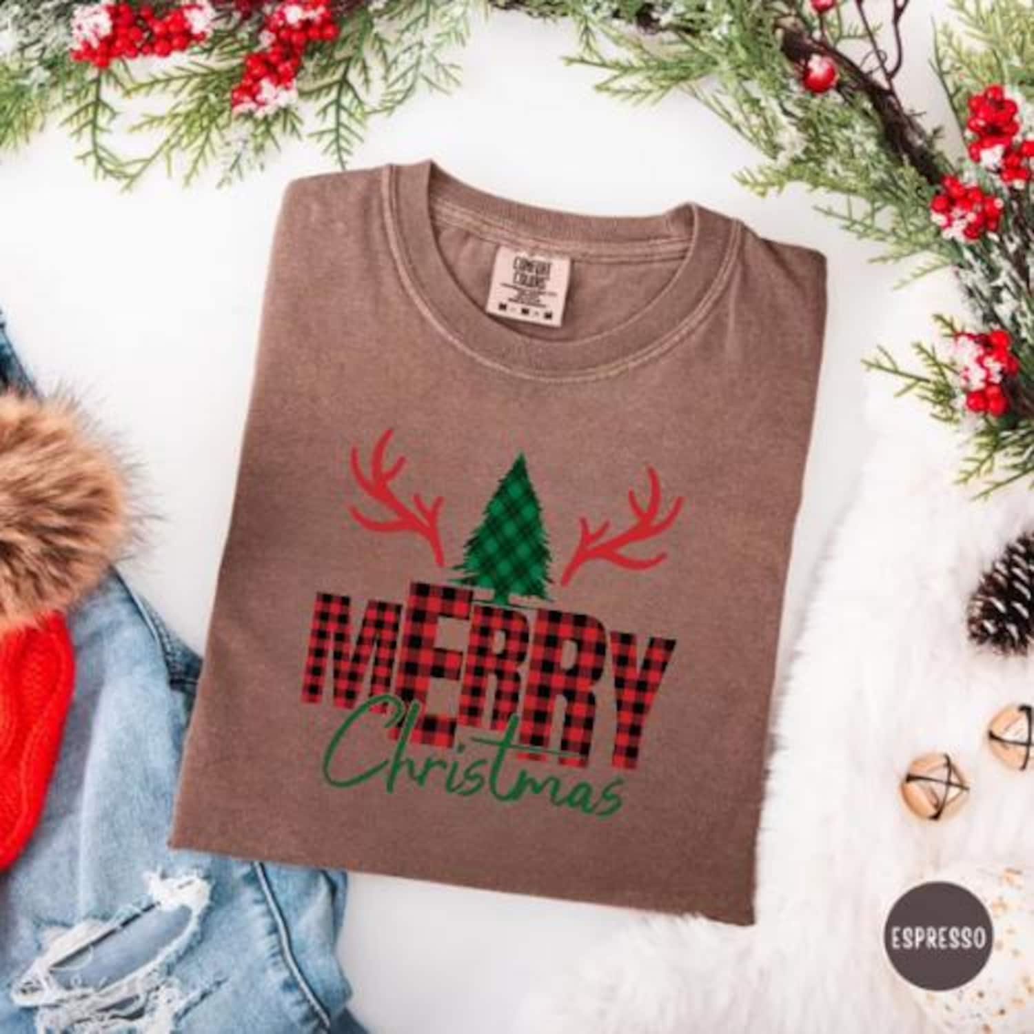 Buffalo Plaid Merry Christmas Shirt, Reindeer Antler Tree Tee, Retro Xmas Graphic T-Shirt, Holiday Gift Top, Unisex Winter Outfit