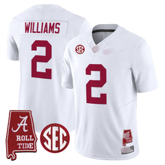 A. Crimson Tide #2 Ryan Williams 2025 Roll Tide & Sec Patch Fan Jersey - White