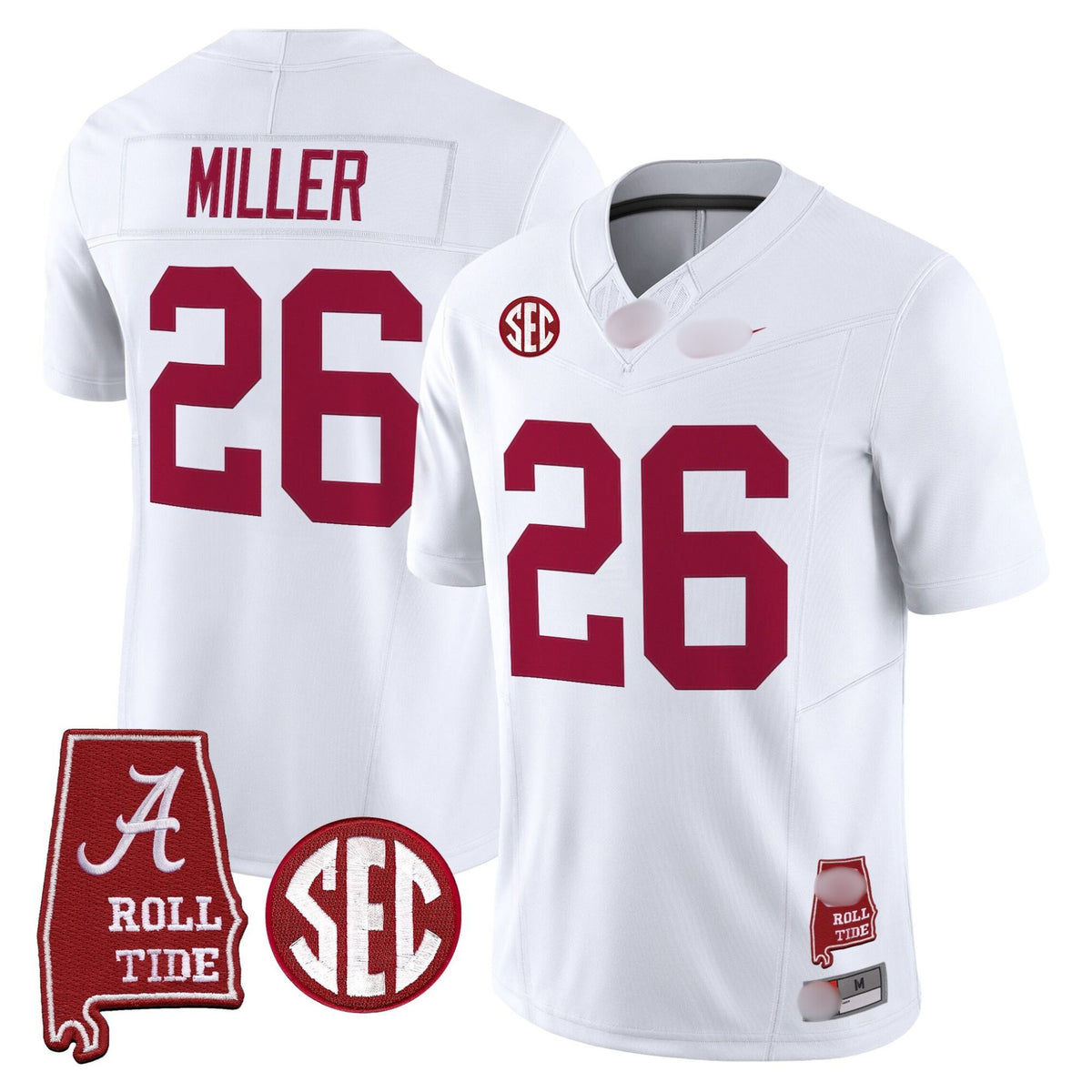 A. Crimson Tide #26 Jam Miller 2025 Roll Tide & Sec Patch Fan Jersey - White