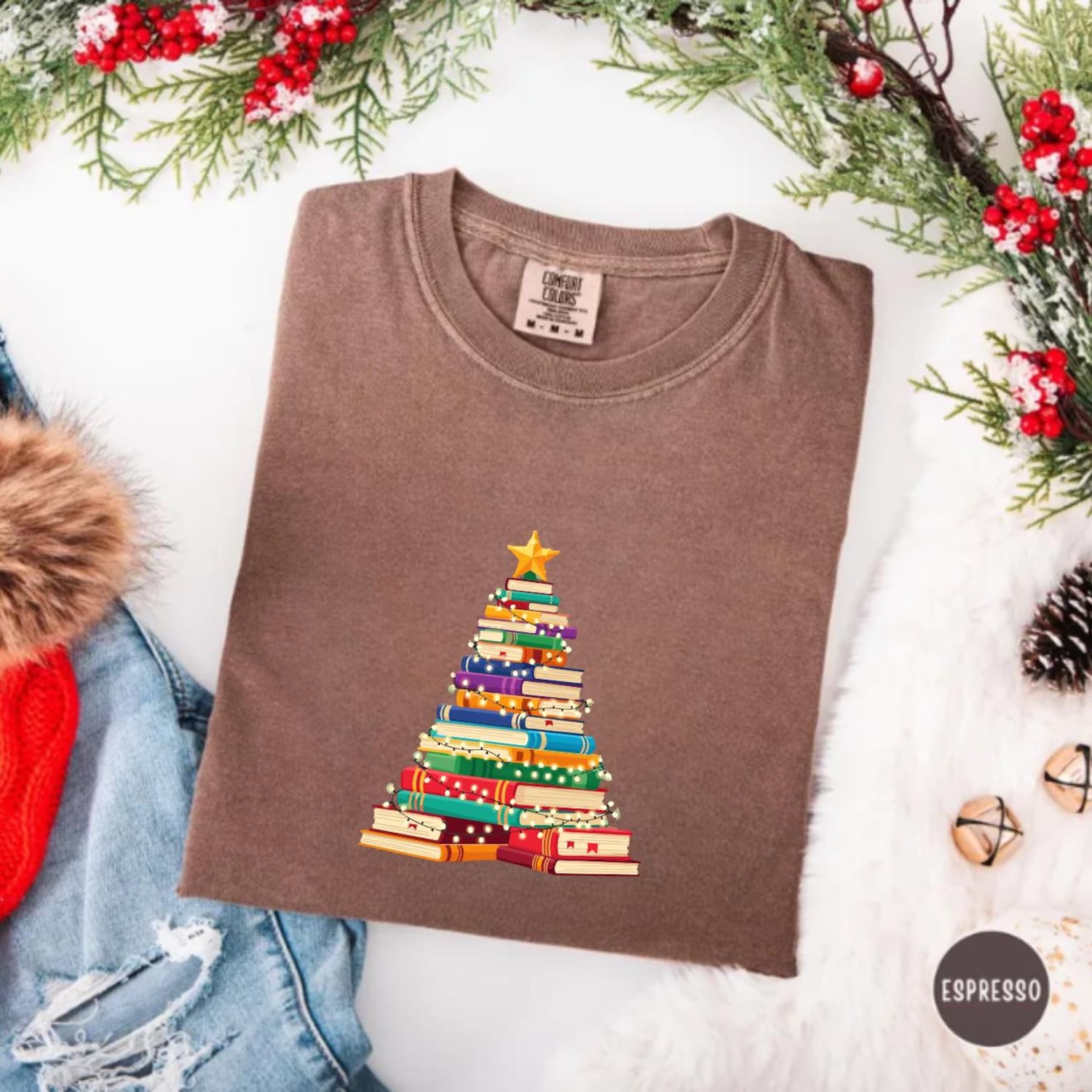 Book Christmas Tree Shirt, Book Lover Holiday Tee, Reading Christmas Shirt, Cute Librarian Gift, Winter Reader Top