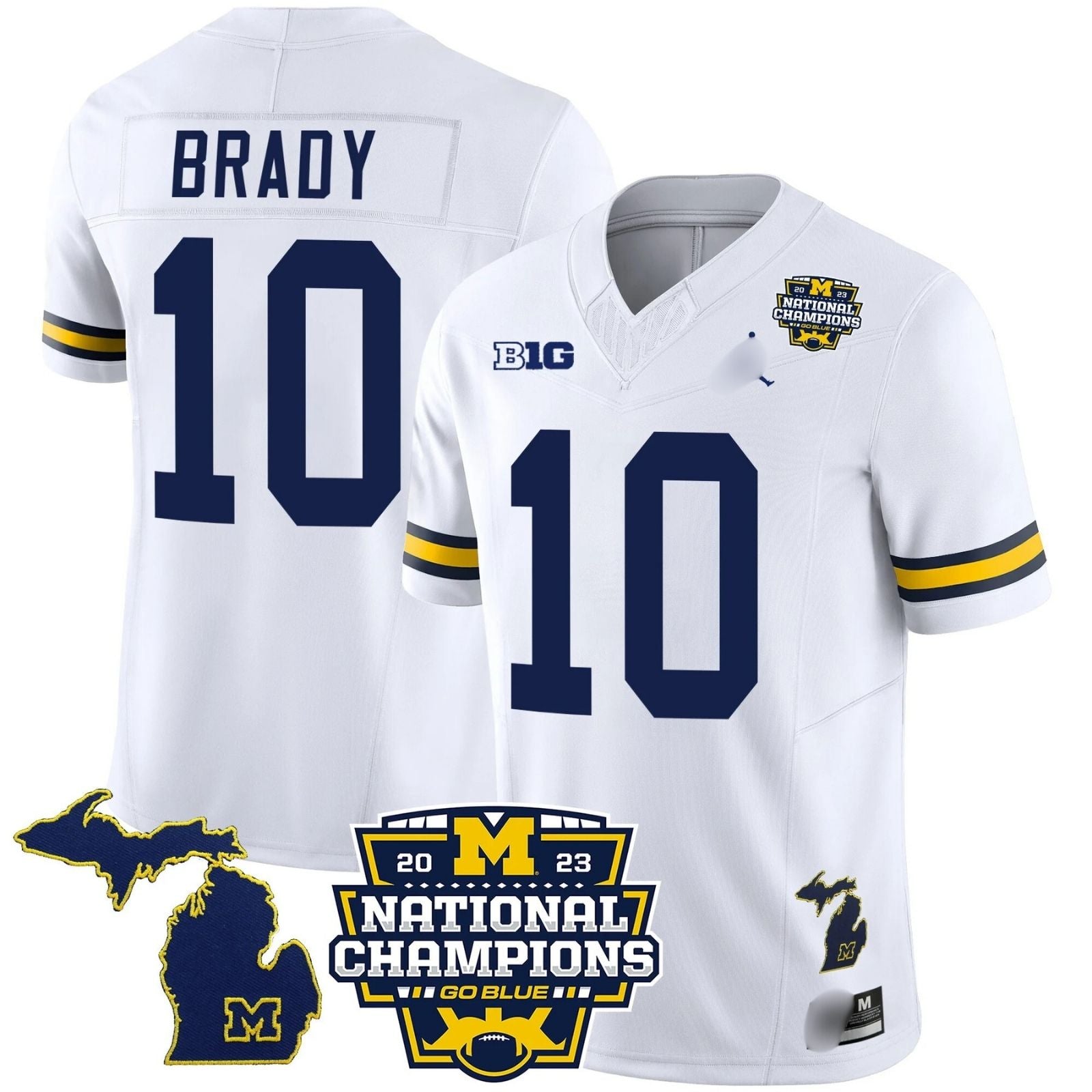 M.Wolverines #10 Tom Brady B1G & 2023 National Champions Patch Fan Jersey