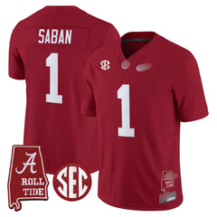 A. Crimson Tide #1 Nick Saban 2025 Roll Tide & Sec Patch Fan Jersey - Crimson
