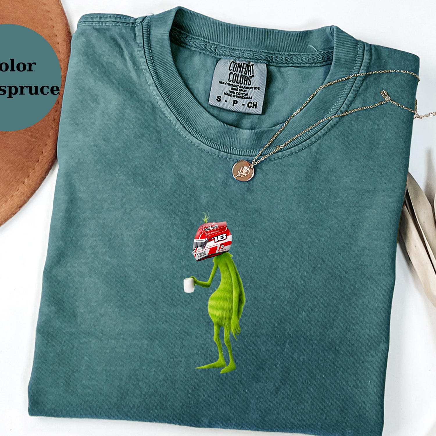 Charles Leclerc Racing Helmet Grinch Shirt, Funny F1 Fan Crewneck, Cartoon Racer Top, Motorsport Gift, Comfort Colors Unisex Shirt