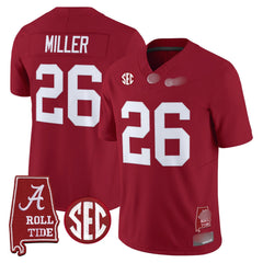 A. Crimson Tide #26 Jam Miller 2025 Roll Tide & Sec Patch Fan Jersey - Crimson