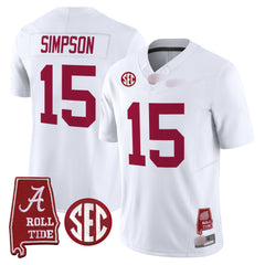 A. Crimson Tide #15 Ty Simpson 2025 Roll Tide & Sec Patch Fan Jersey - White