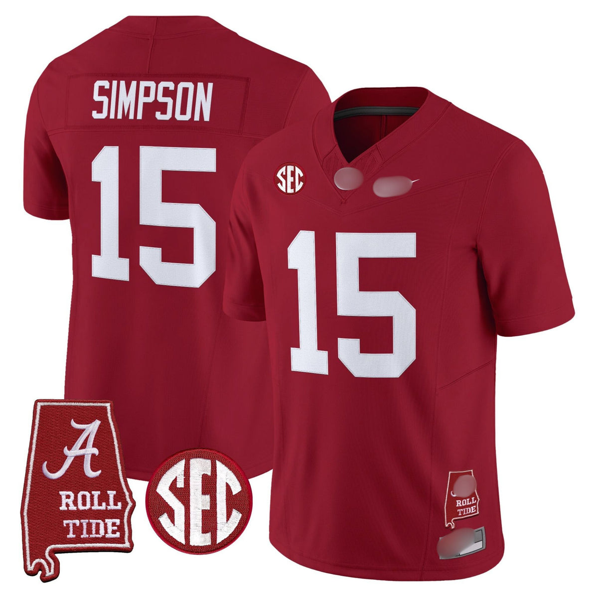 A. Crimson Tide #15 Ty Simpson 2025 Roll Tide & Sec Patch Fan Jersey - Crimson