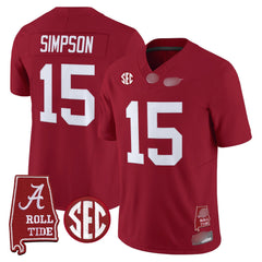 A. Crimson Tide #15 Ty Simpson 2025 Roll Tide & Sec Patch Fan Jersey - Crimson