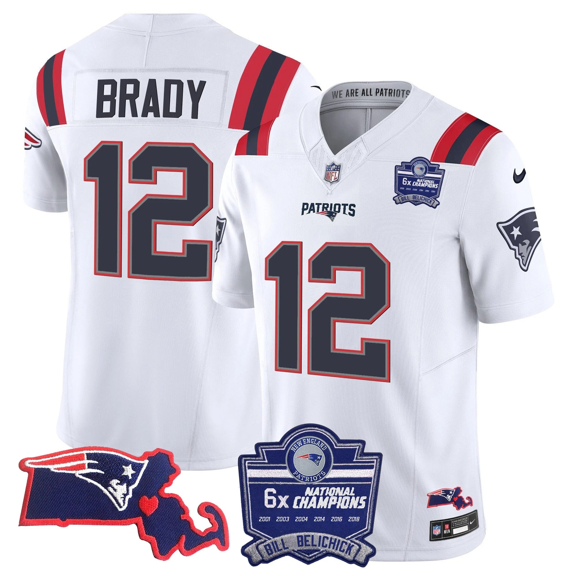 N.E Patriots #12 Tom Brady Bill Belichick 6x Champions & State Patch Fan Jersey