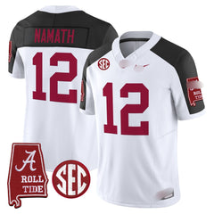 A. Crimson Tide #12 Joe Namath 2025 Roll Tide & Sec Patch Fan Jersey - Inverted
