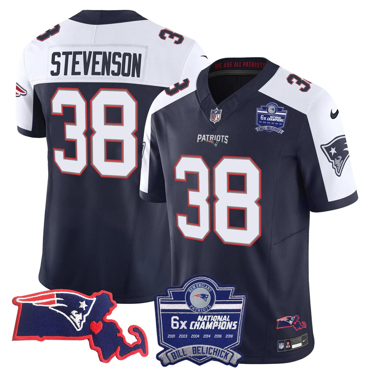 N.E Patriots #38 Rhamondre Stevenson Bill Belichick 6x Champions & State Patch Fan Jersey - Alternate