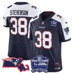 N.E Patriots #38 Rhamondre Stevenson Bill Belichick 6x Champions & State Patch Fan Jersey - Alternate