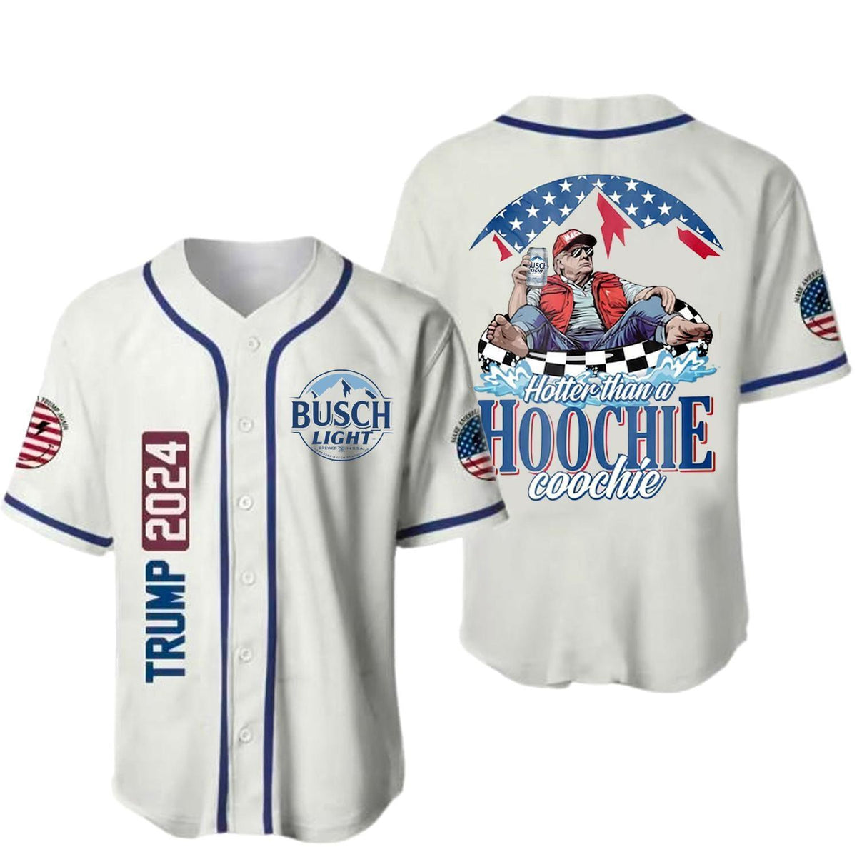 Trump Busch Light America Flag Baseball Jersey, Hotter Than A Hoochie Coochie Trump Baseball Jersey, USA Summer Jersey For Men And Women - Shirt King
