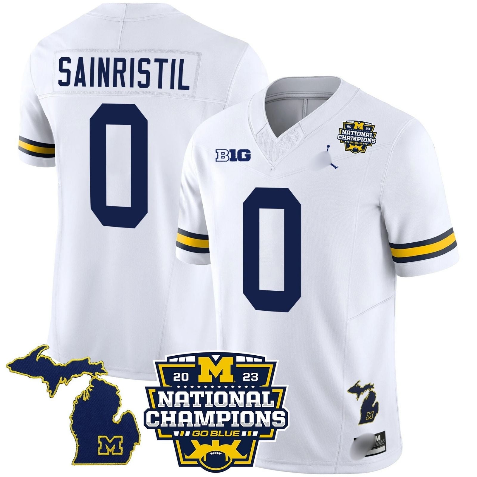 M.Wolverines #0 Mike Sainristil B1G & 2023 National Champions Patch Fan Jersey