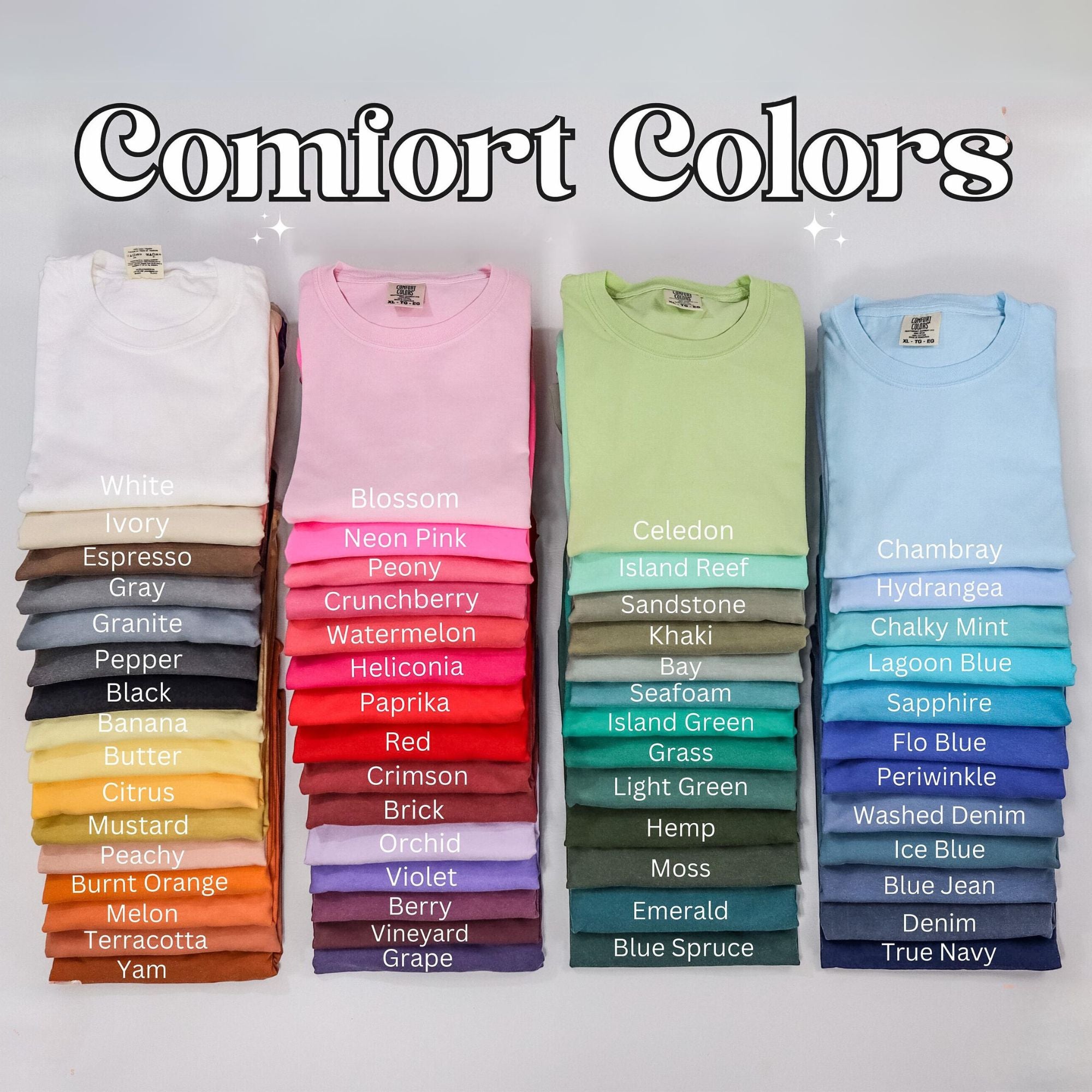 a collection of colorful t-shirts arranged in two rows, with each row containing a variety of different colored t-shirts.