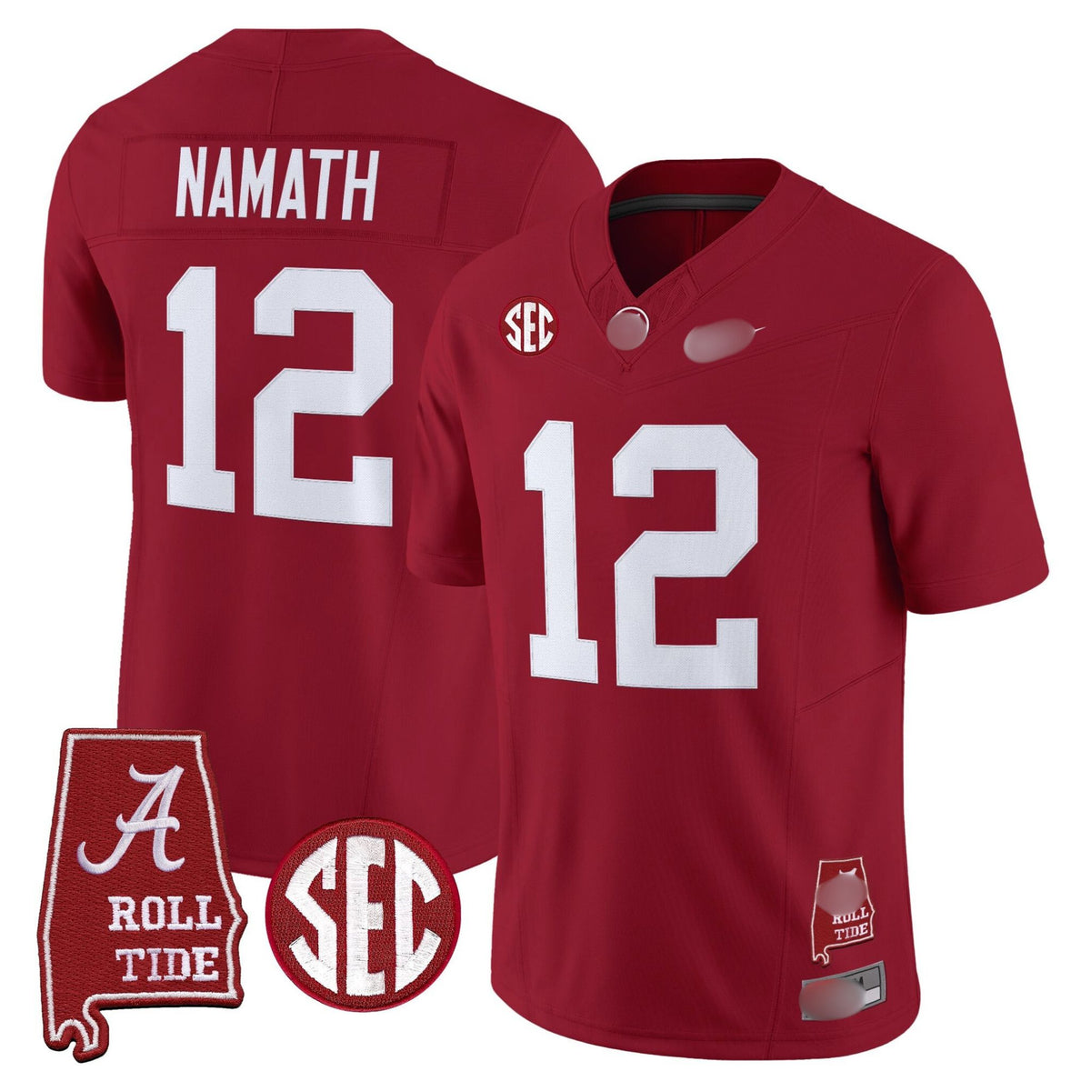 A. Crimson Tide #12 Joe Namath 2025 Roll Tide & Sec Patch Fan Jersey - Crimson
